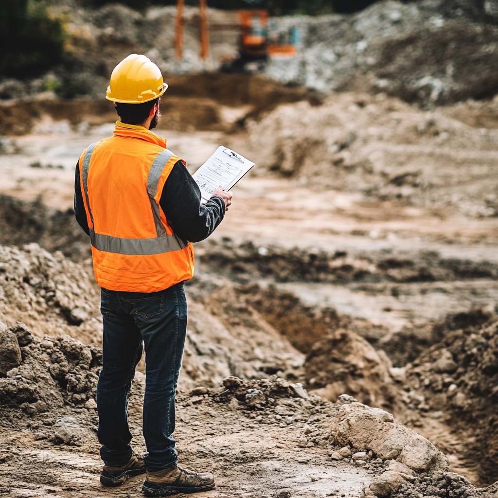 Engineer inspecting construction site with clipboard