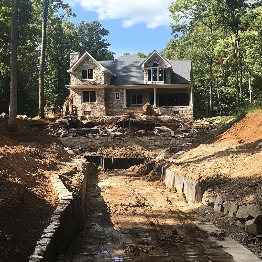 New house construction site with excavation work