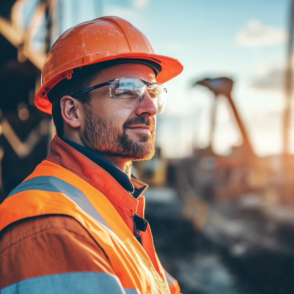 Construction worker in orange gear at sunset