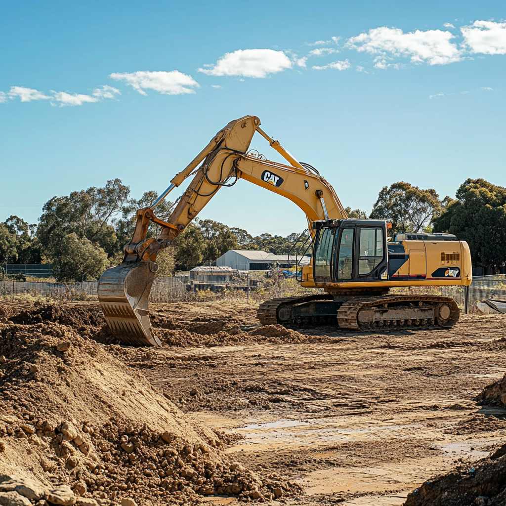 Yellow excavator digging soil in construction site