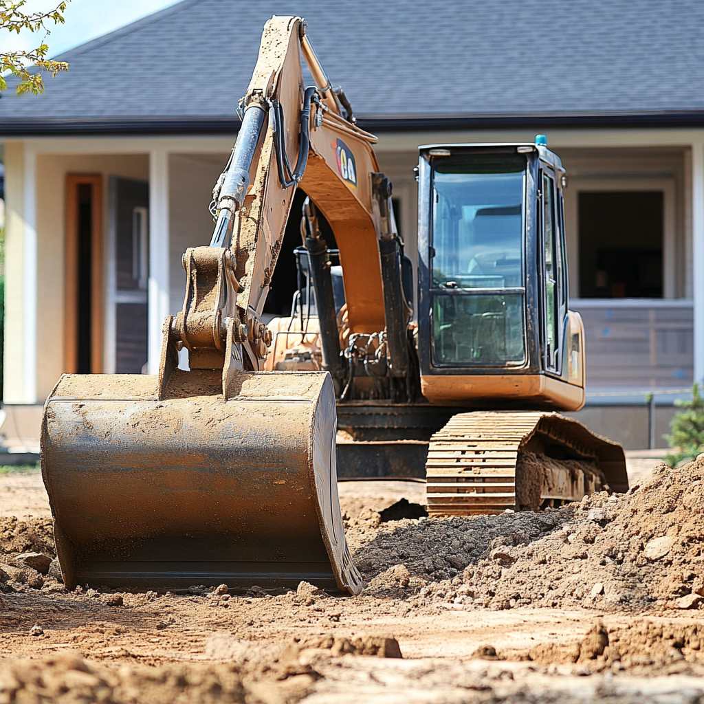 Excavator digging at residential construction site