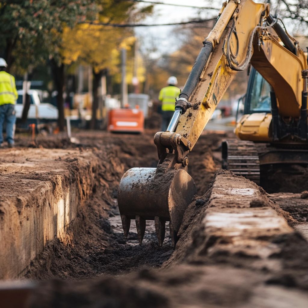 Excavator digging trench at construction site