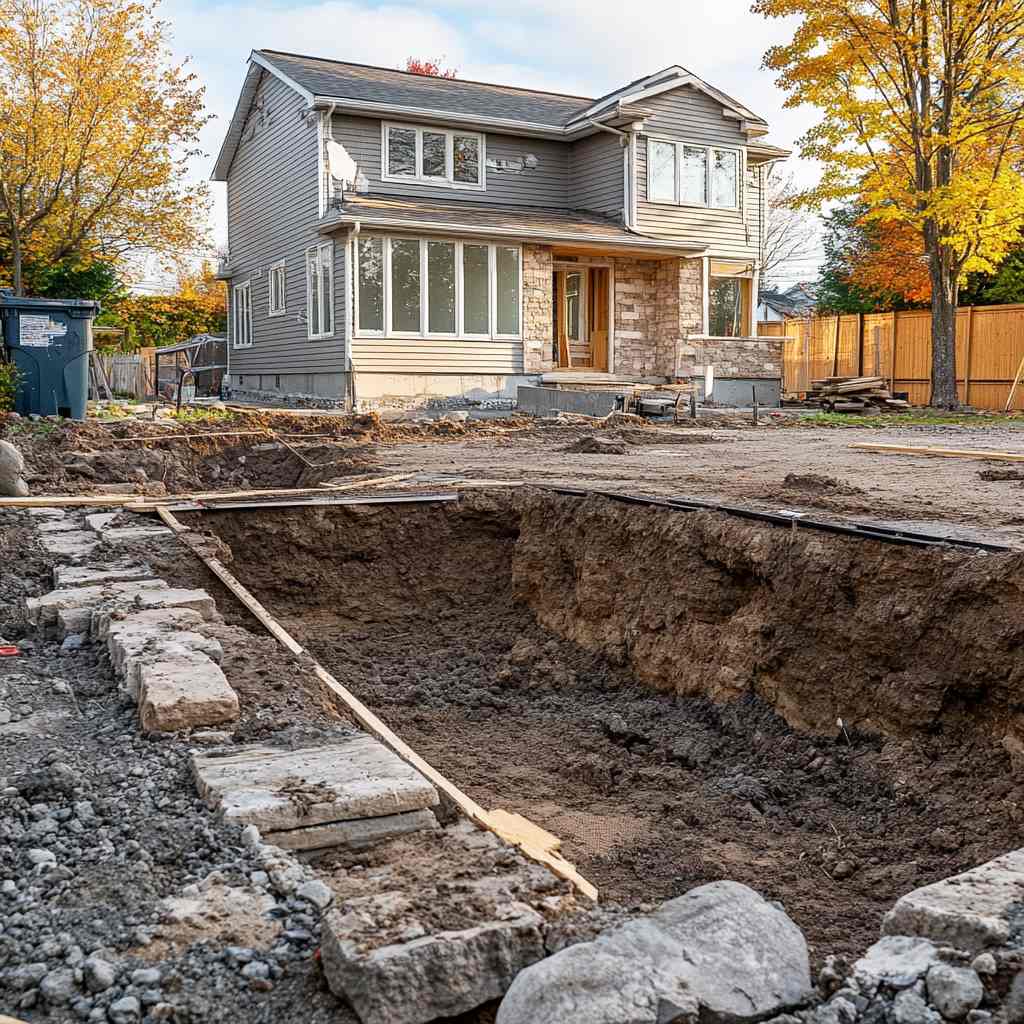 House foundation construction with excavated site in foreground