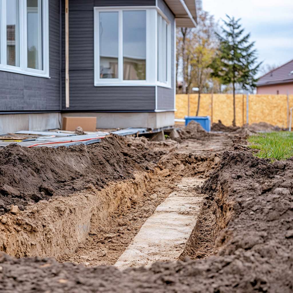 New home foundation trench excavation at construction site