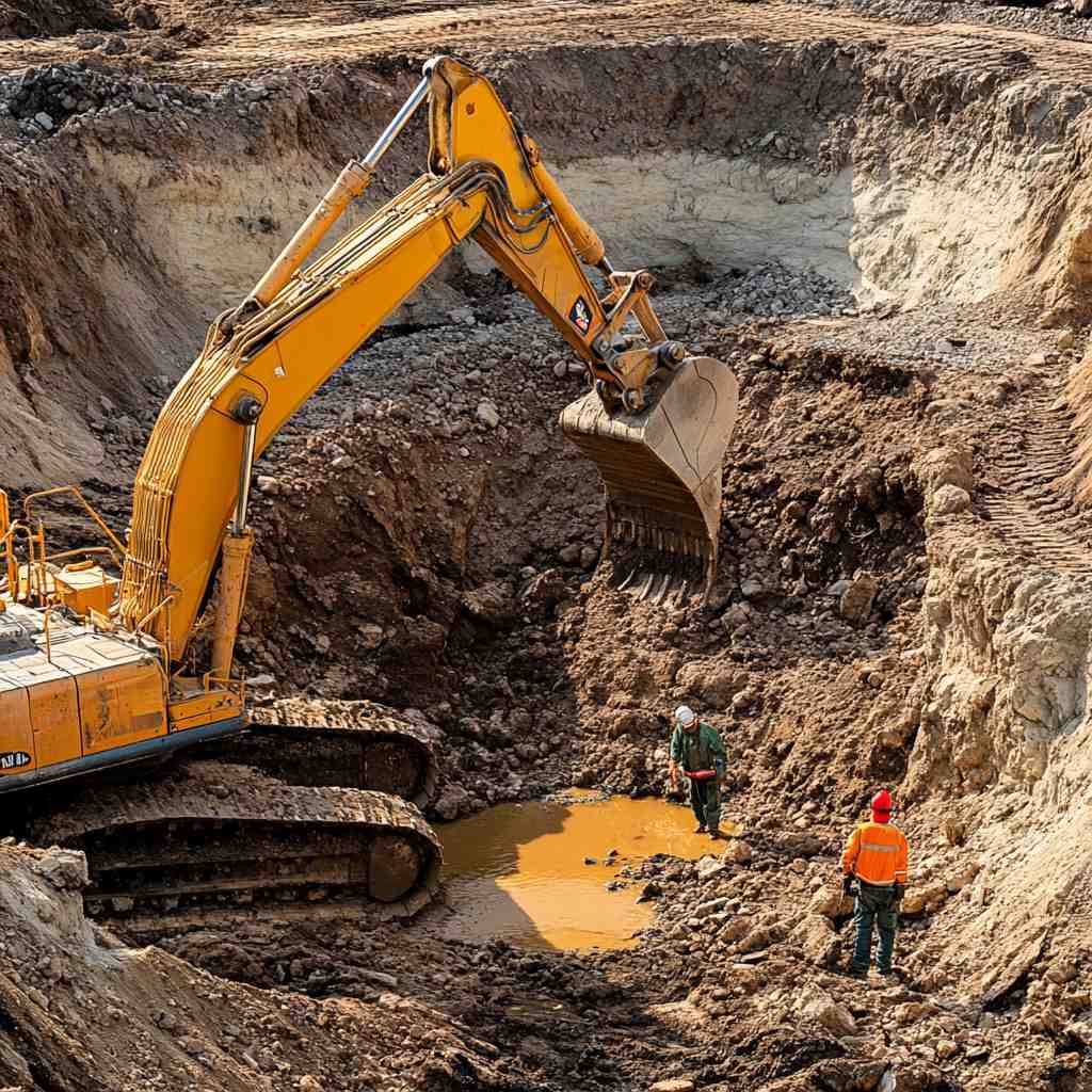 Excavator and workers at construction site digging soil