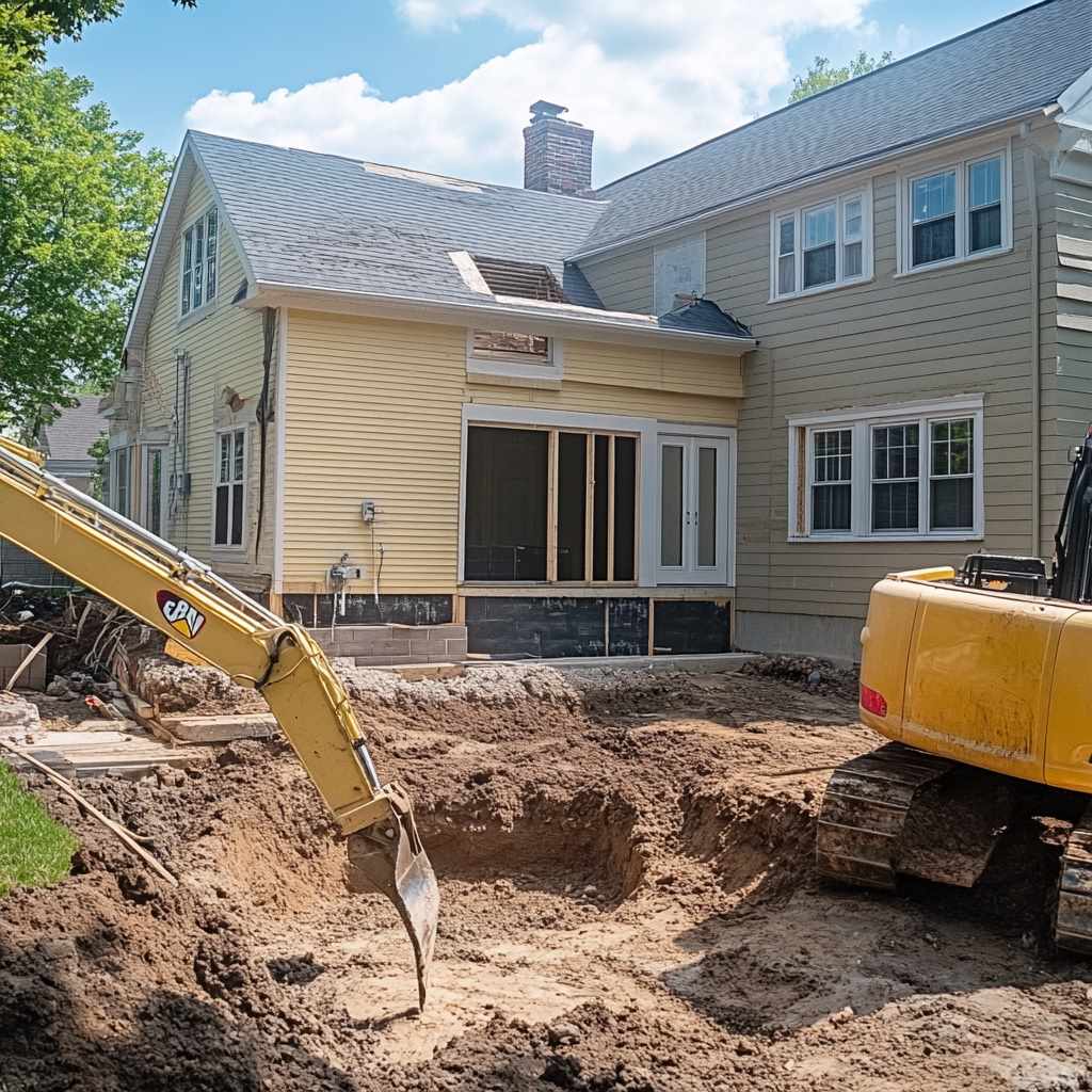 House undergoing extensive renovation with excavator digging