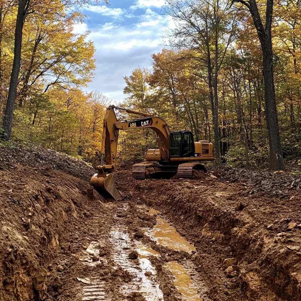 Yellow excavator in forest dirt trench during autumn