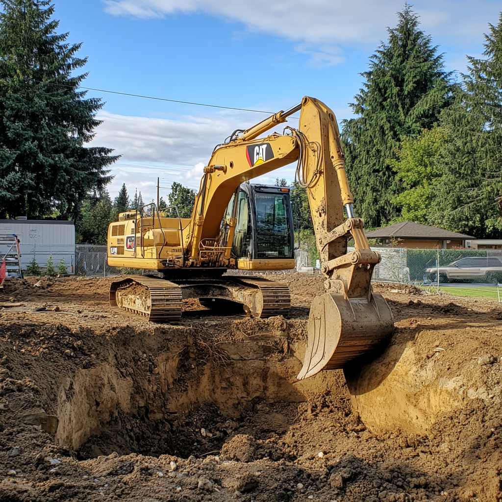Yellow excavator digging earth at construction site