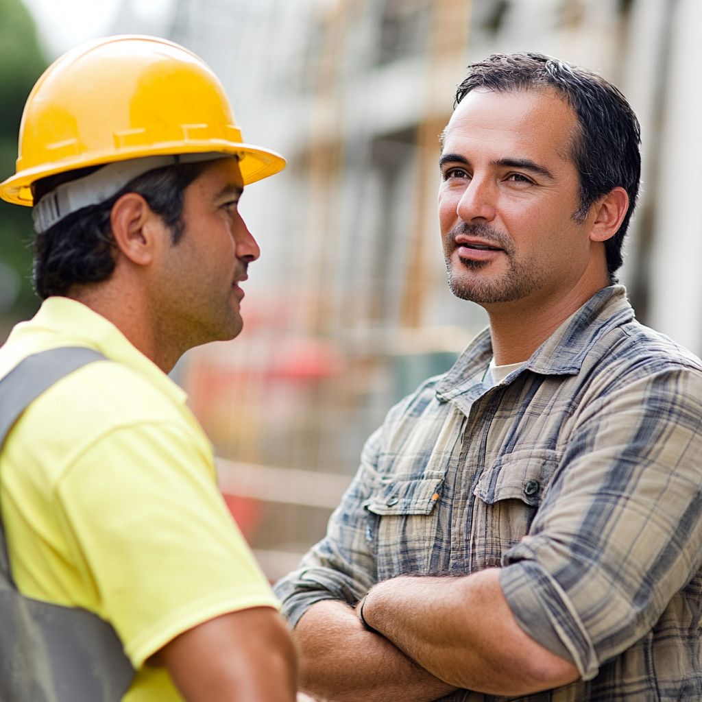 Two construction workers discussing project on site