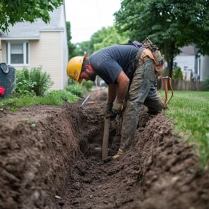 Construction worker digging trench in residential area