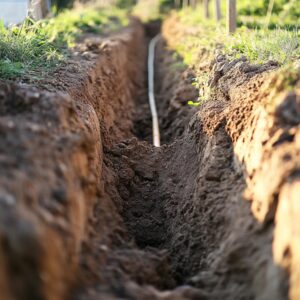 Narrow trench dug in soil with exposed pipe