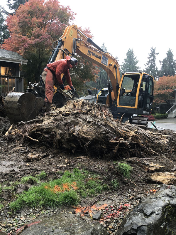 Worker using chainsaw near excavator in muddy construction site