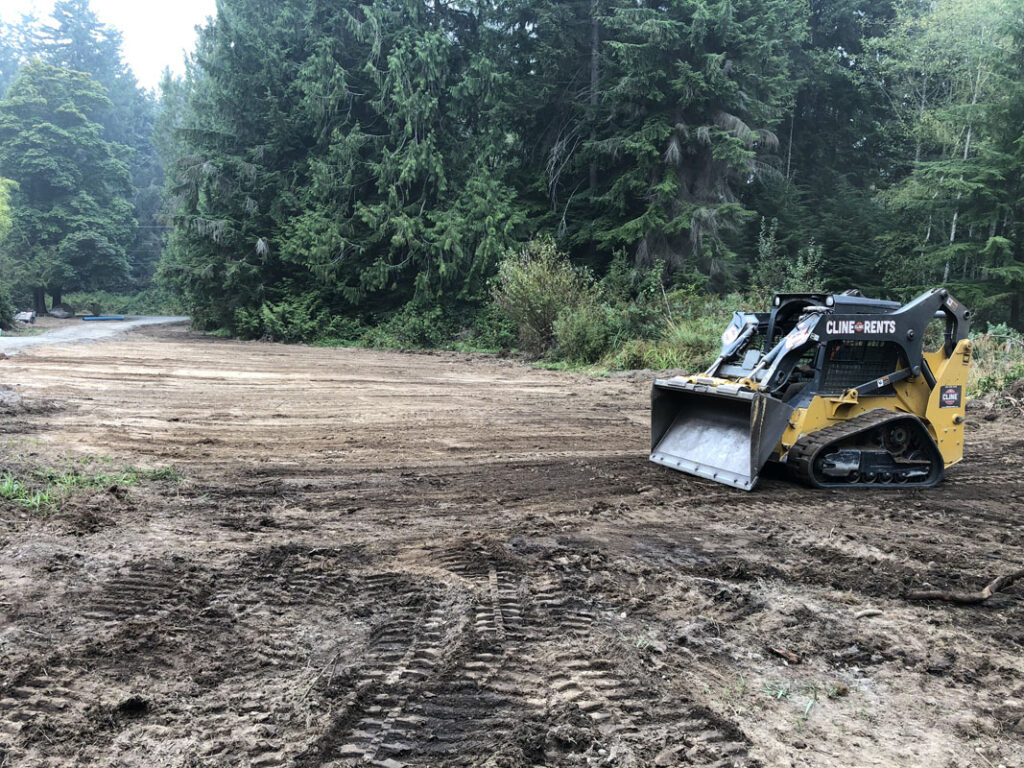 Skid-steer loader on a cleared forest road